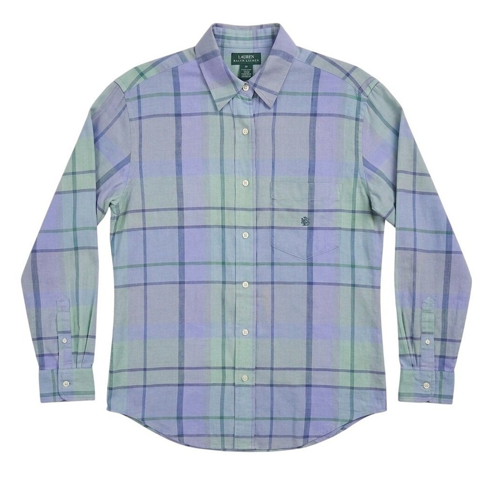 Lauren Ralph Lauren Womens Med. Purple Green Plaid 100% Linen Button Down Shirt